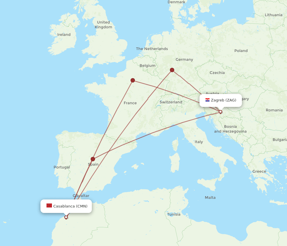 Zagreb - Casablanca route map and flight paths