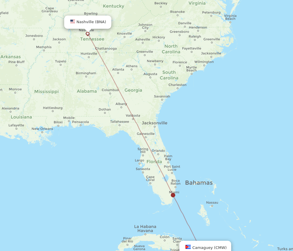 Nashville - Camaguey route map and flight paths
