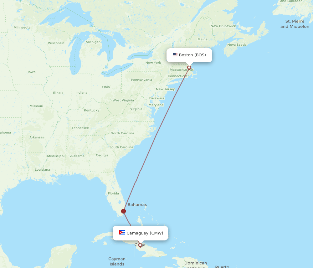 Boston - Camaguey route map and flight paths