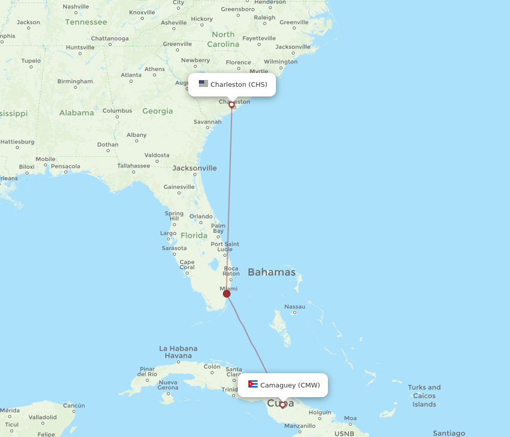 Charleston - Camaguey route map and flight paths