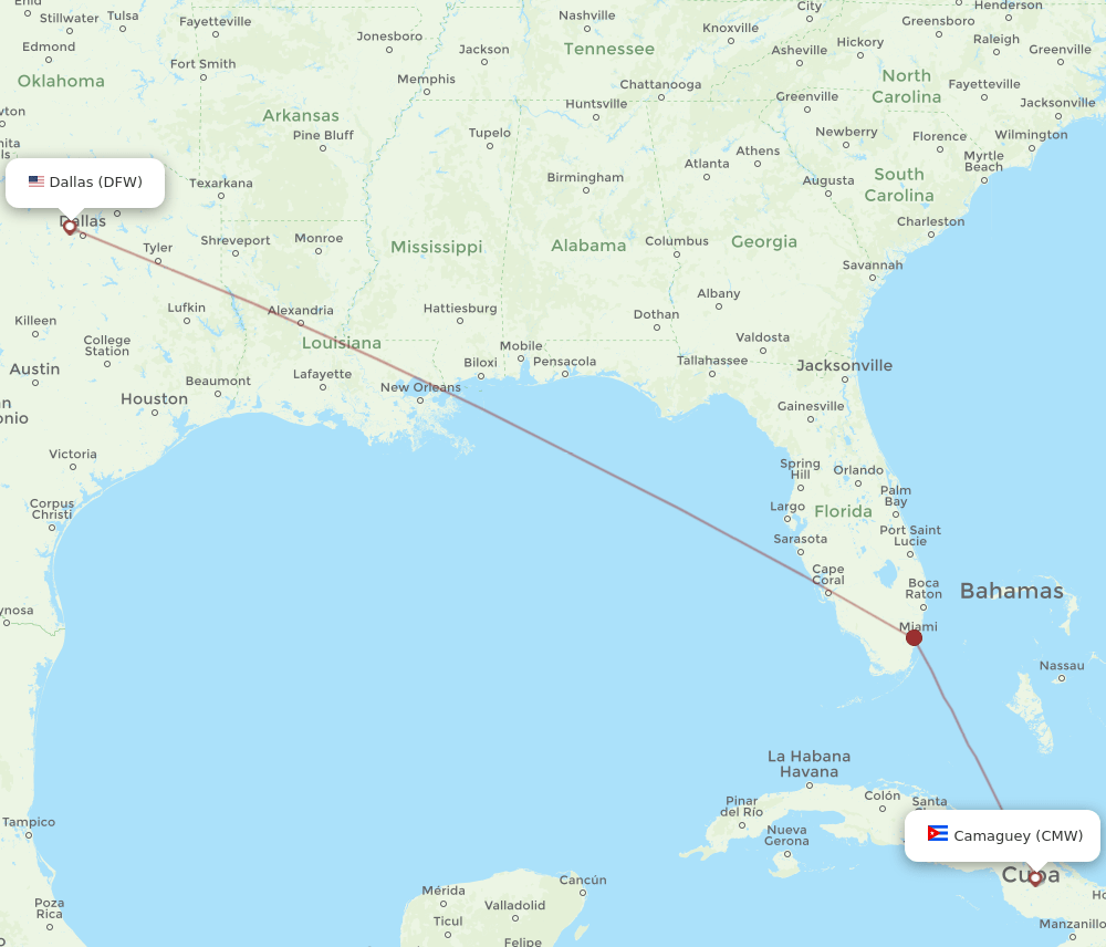 Dallas - Camaguey route map and flight paths