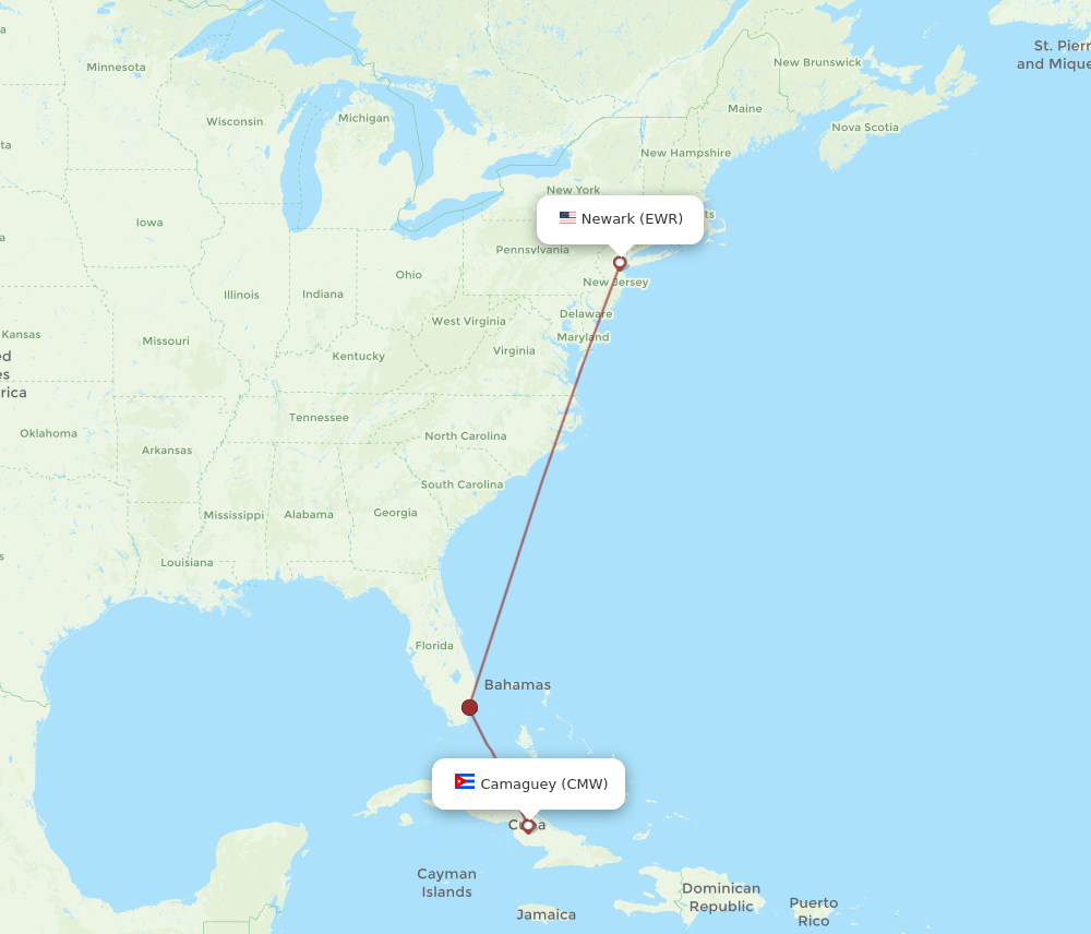 New York - Camaguey route map and flight paths
