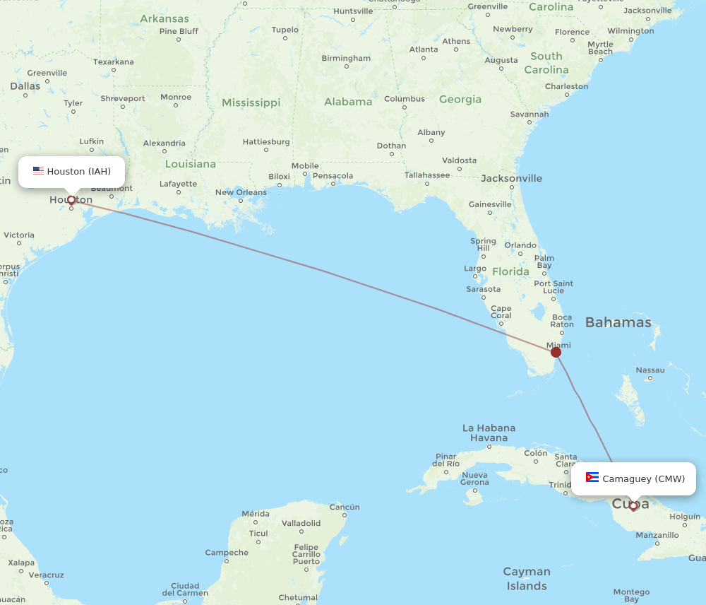 Houston - Camaguey route map and flight paths