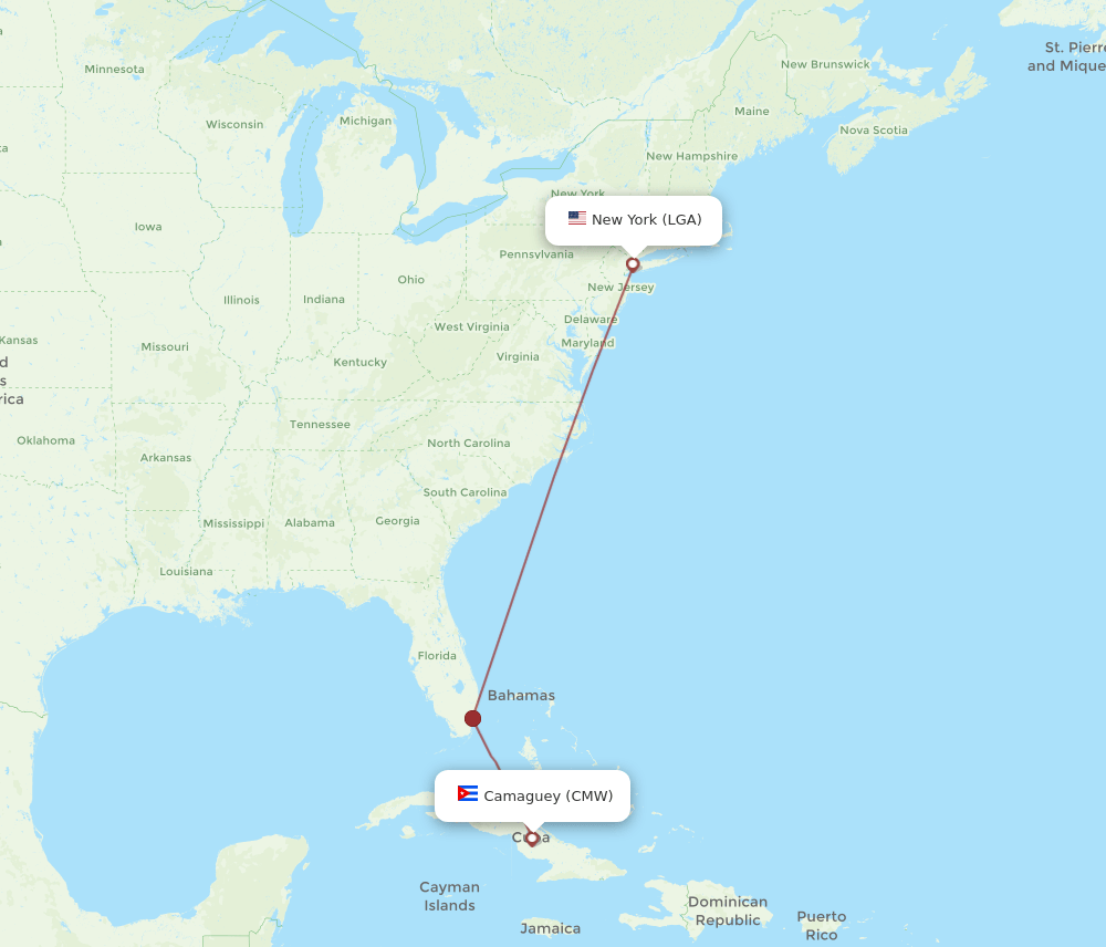 New York - Camaguey route map and flight paths