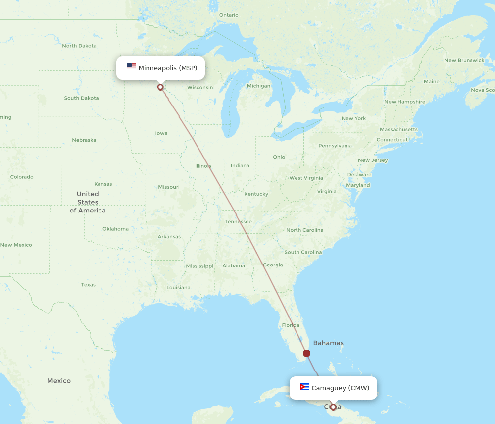 Minneapolis - Camaguey route map and flight paths