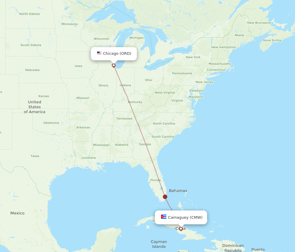 Chicago - Camaguey route map and flight paths
