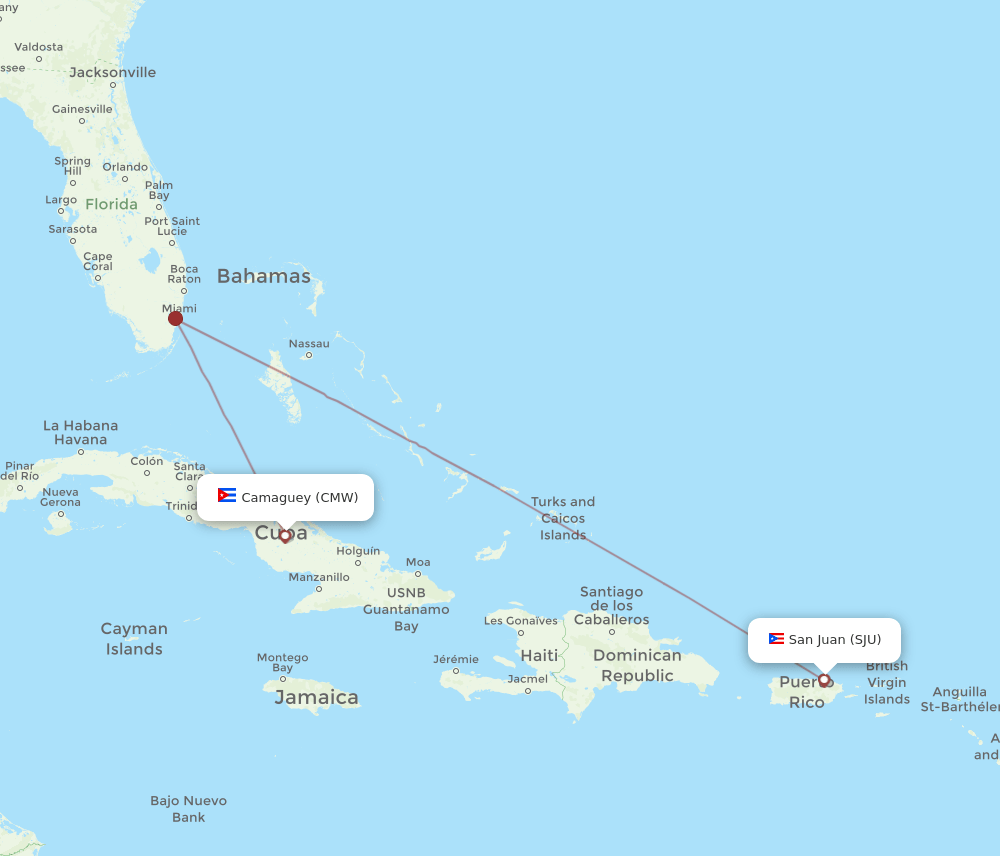San Juan - Camaguey route map and flight paths