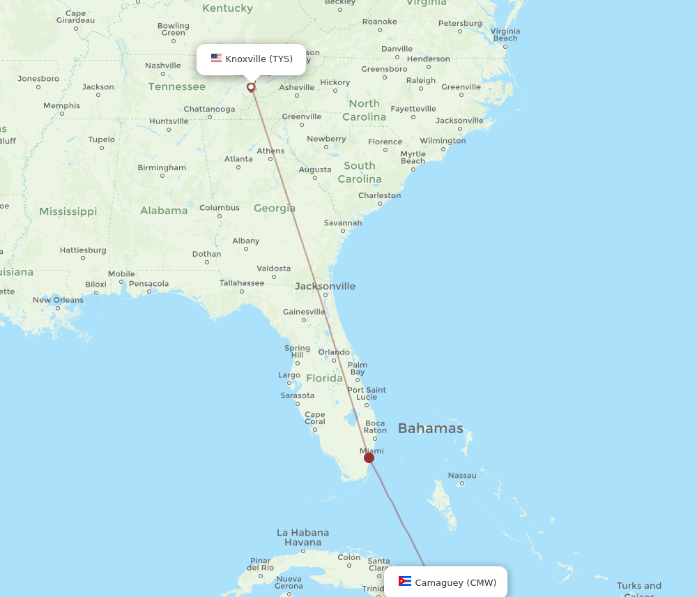 Knoxville - Camaguey route map and flight paths