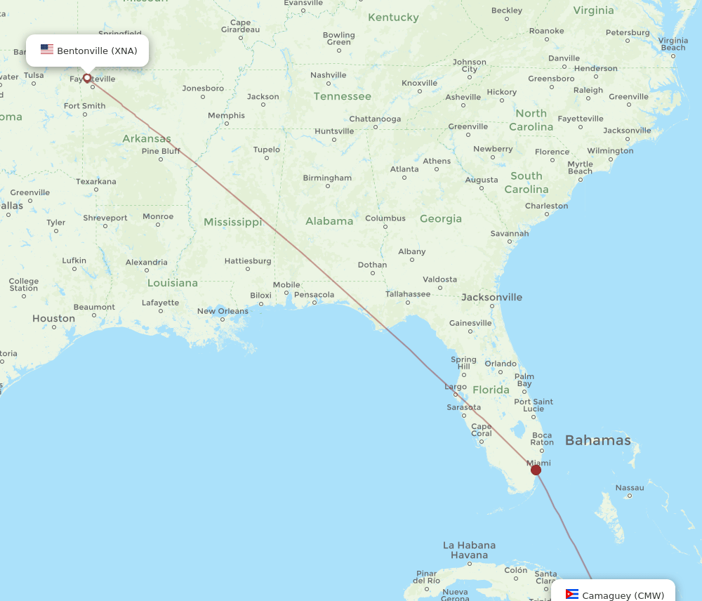 Bentonville - Camaguey route map and flight paths