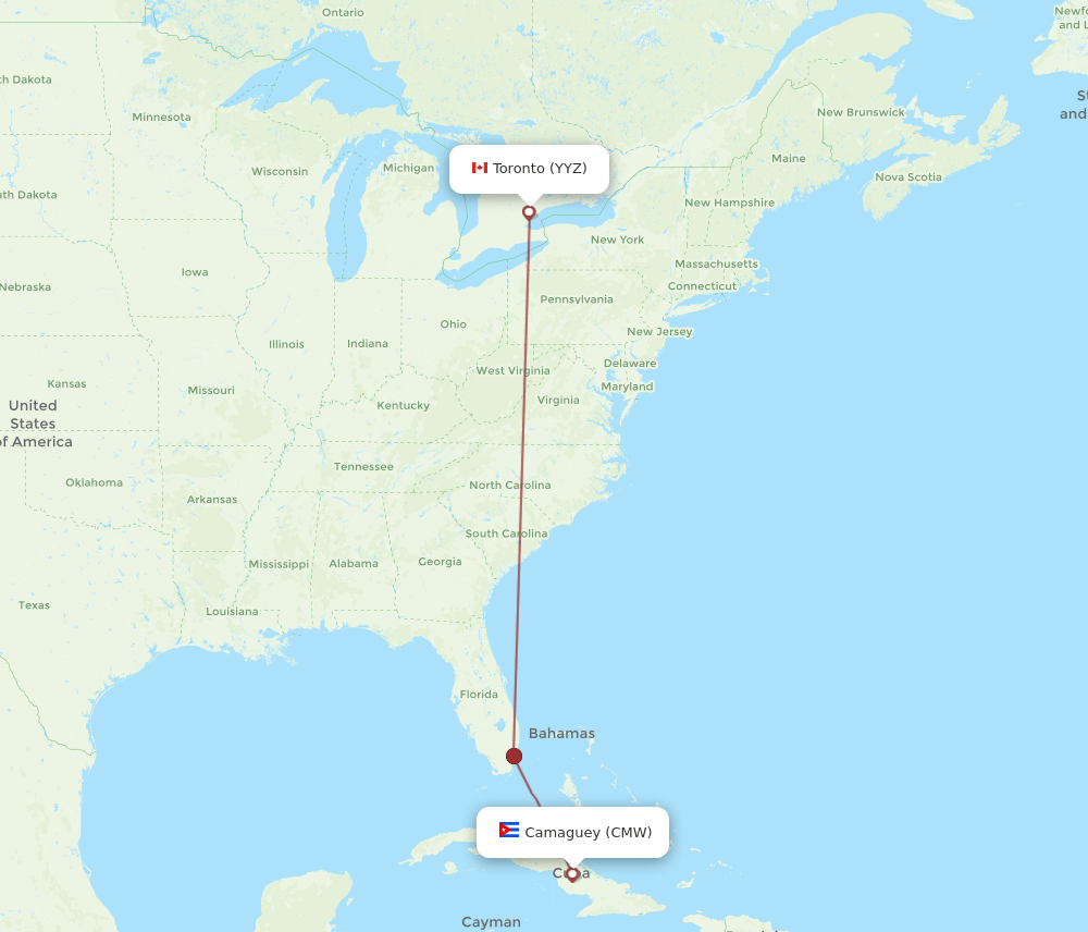 Toronto - Camaguey route map and flight paths