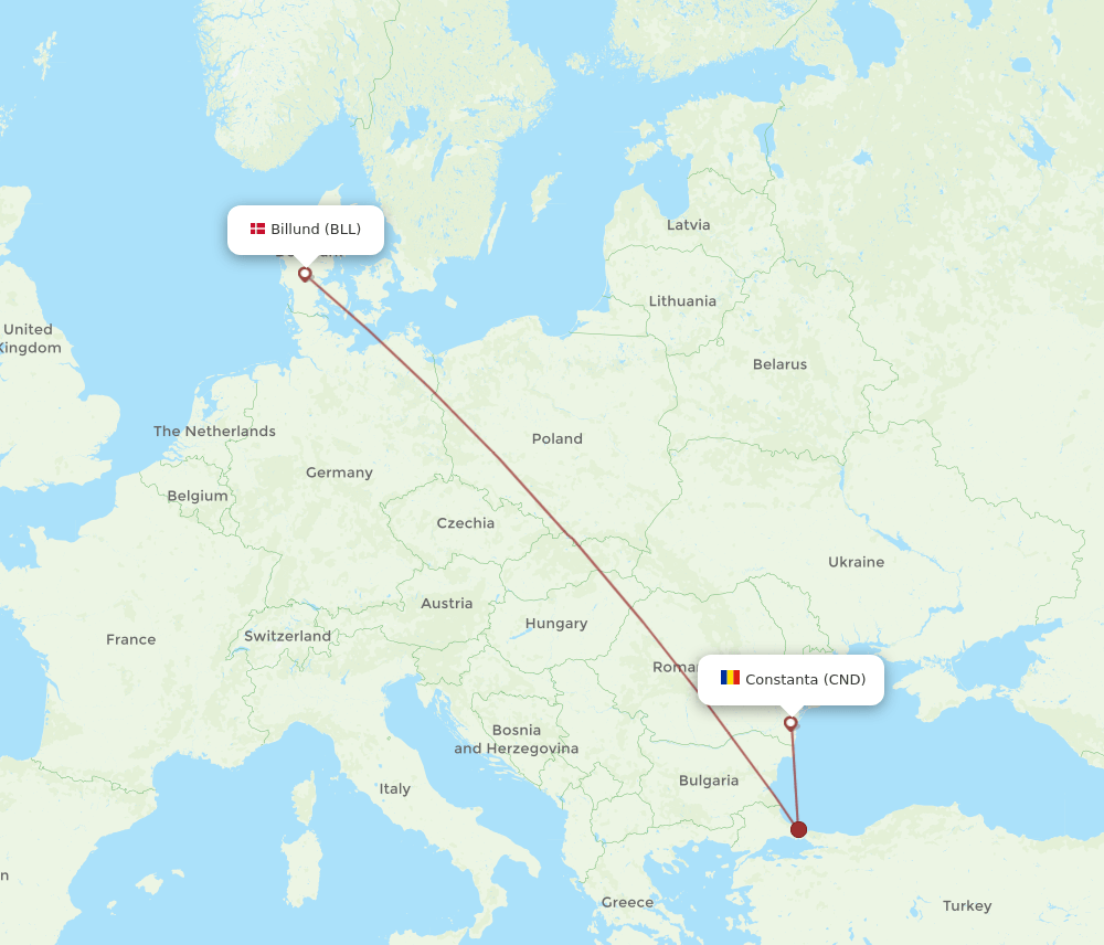 Billund - Constanta route map and flight paths