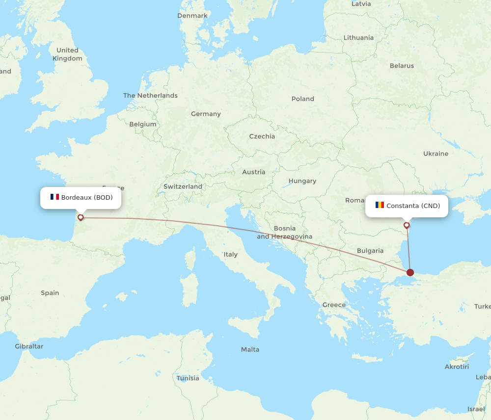 Bordeaux - Constanta route map and flight paths