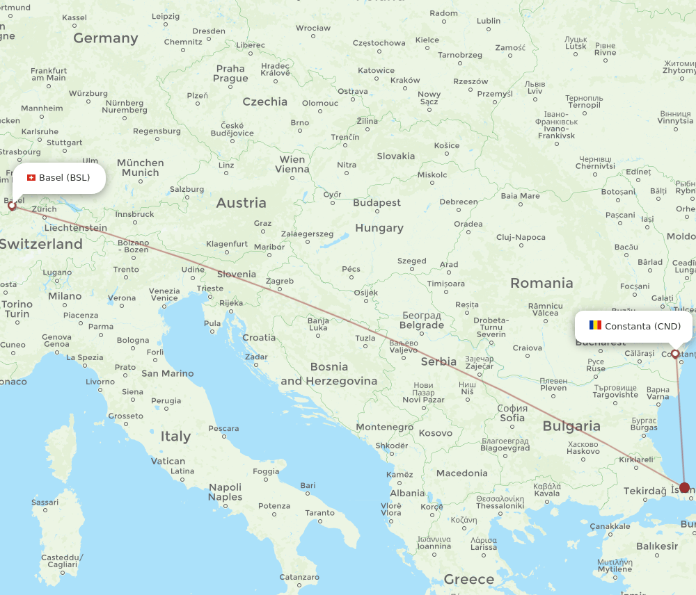 Basel, Switzerland/Mulhouse - Constanta route map and flight paths