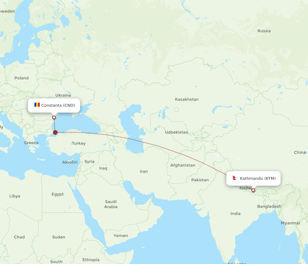 Kathmandu - Constanta route map and flight paths