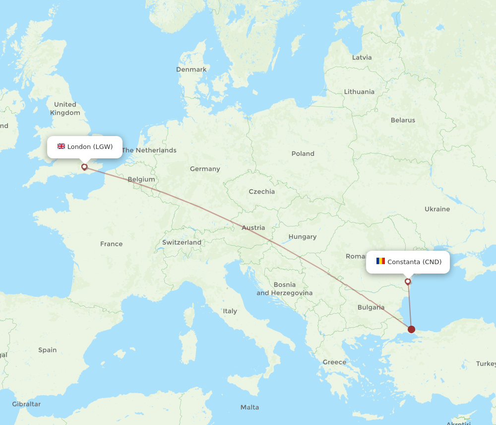 CND to LGW flights and routes map