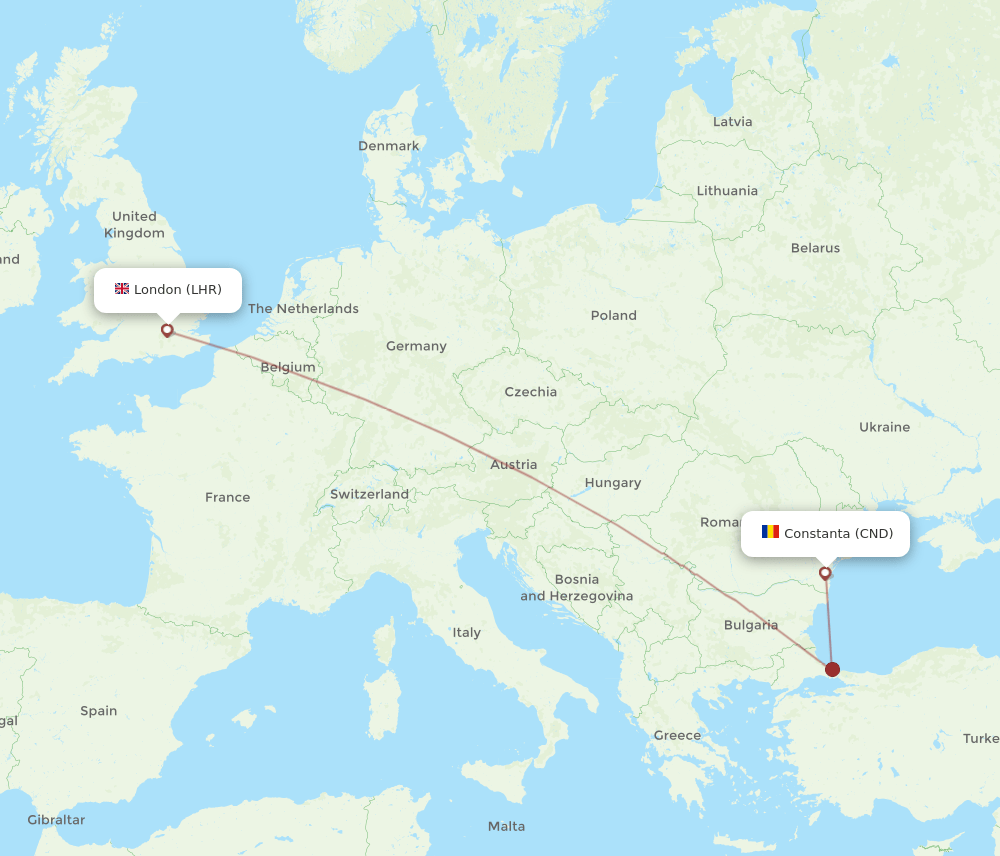 CND to LHR flights and routes map