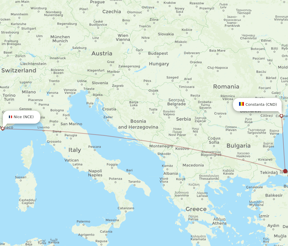 Nice - Constanta route map and flight paths