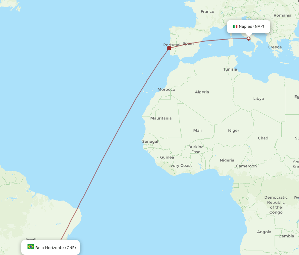 Belo Horizonte - Naples route map and flight paths