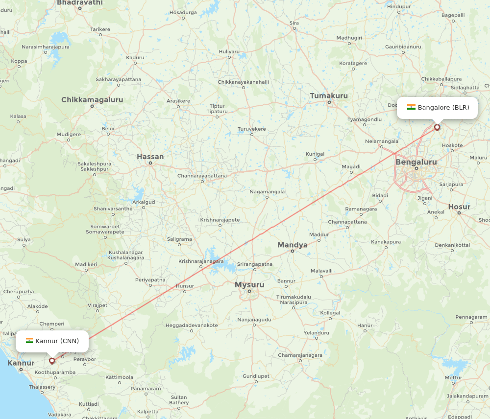 Kannur - Bengaluru route map and flight paths