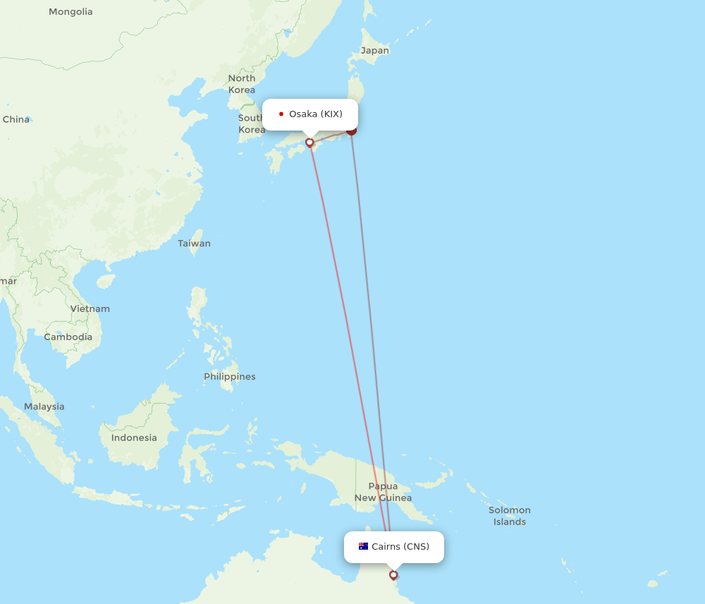 Cairns - Osaka route map and flight paths
