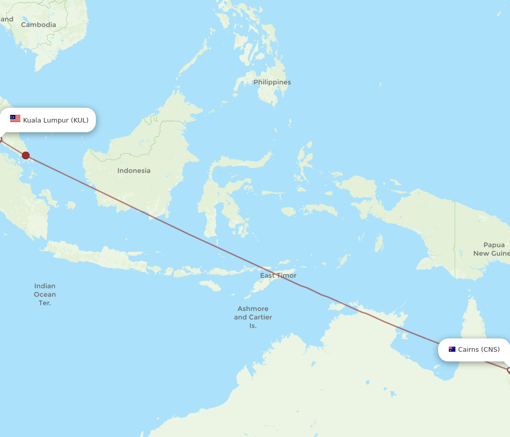 Kuala Lumpur - Cairns route map and flight paths