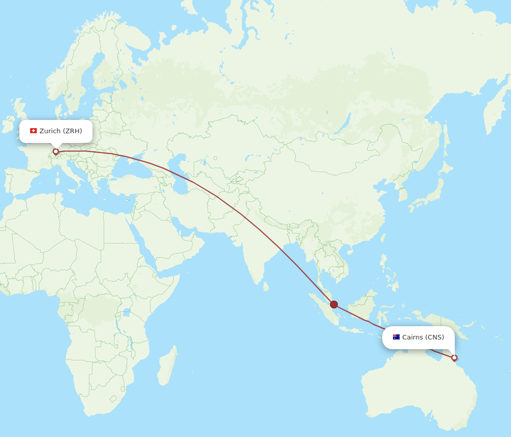 Zurich - Cairns route map and flight paths