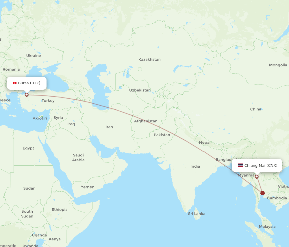 Chiang Mai - Yala route map and flight paths
