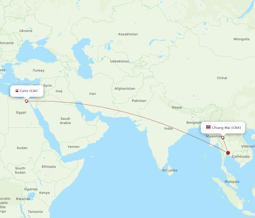 Cairo - Chiang Mai route map and flight paths