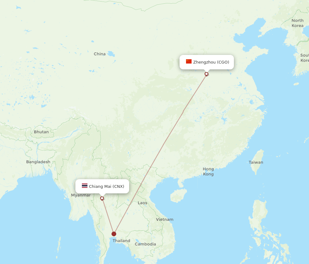 Zhengzhou - Chiang Mai route map and flight paths