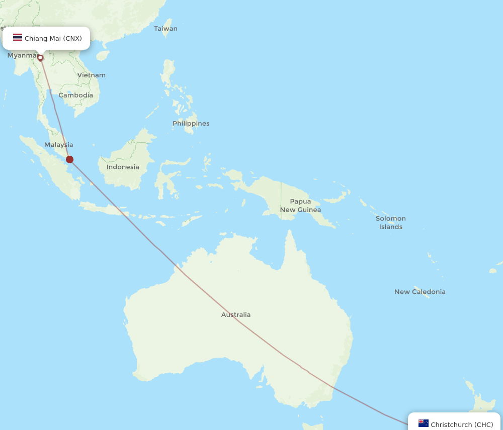 Christchurch - Chiang Mai route map and flight paths