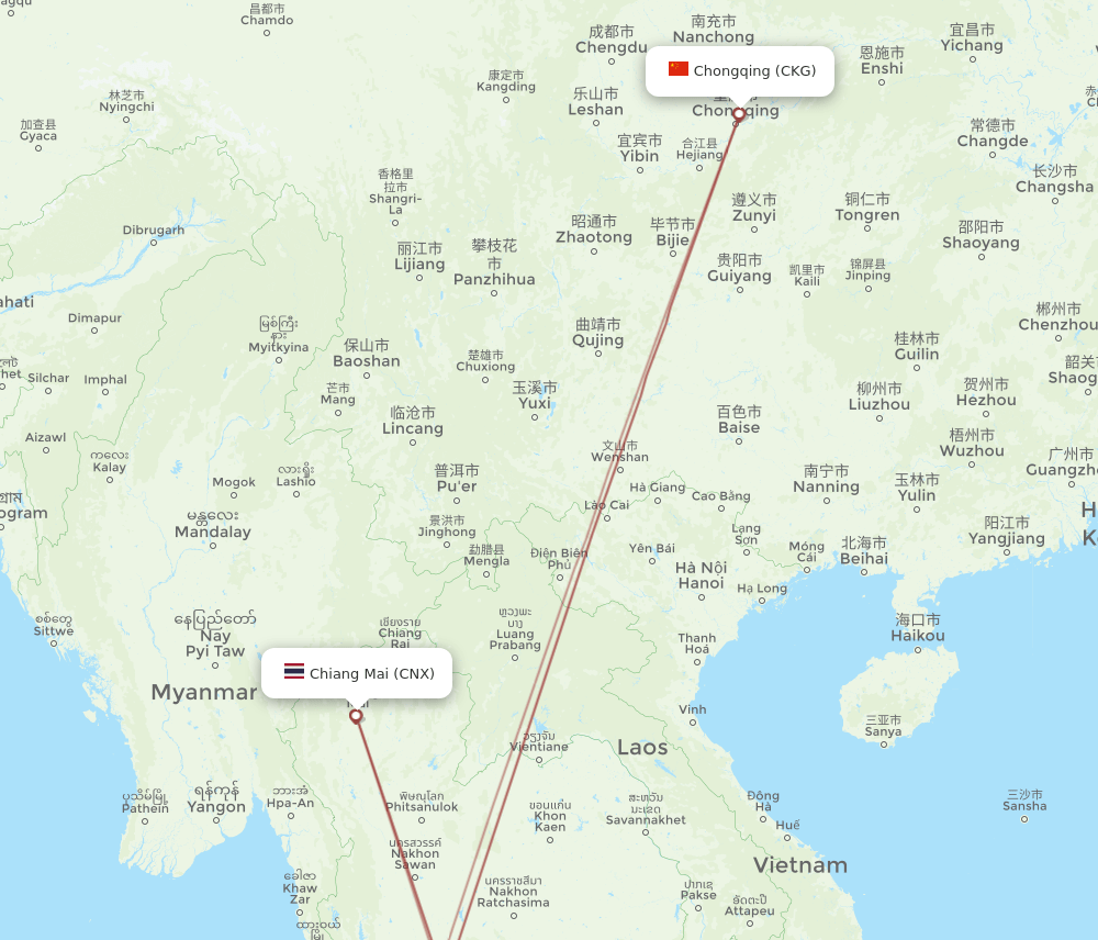 Chongqing - Chiang Mai route map and flight paths