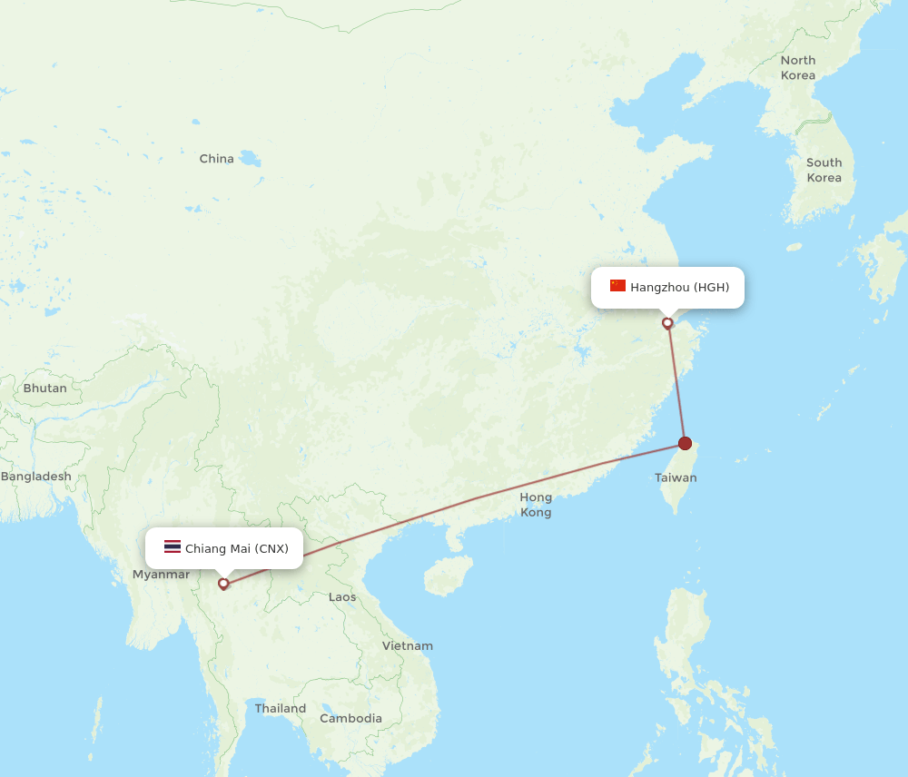 Hangzhou - Chiang Mai route map and flight paths
