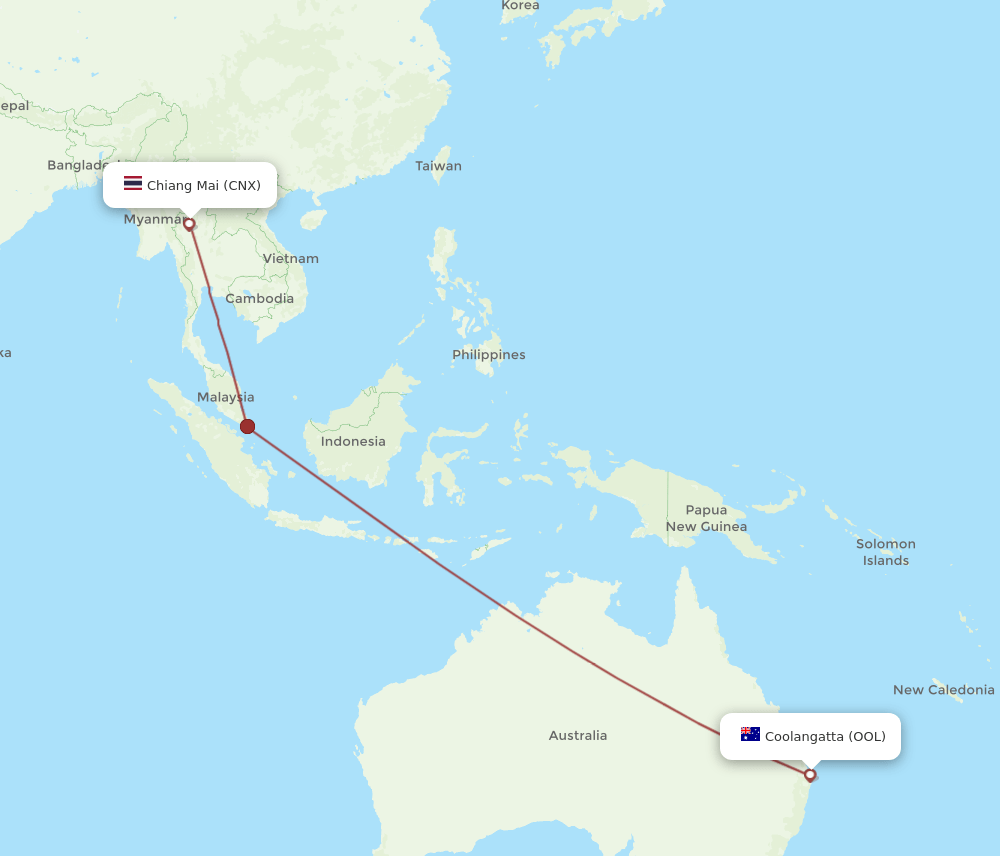 Coolangatta (Gold Coast) - Chiang Mai route map and flight paths
