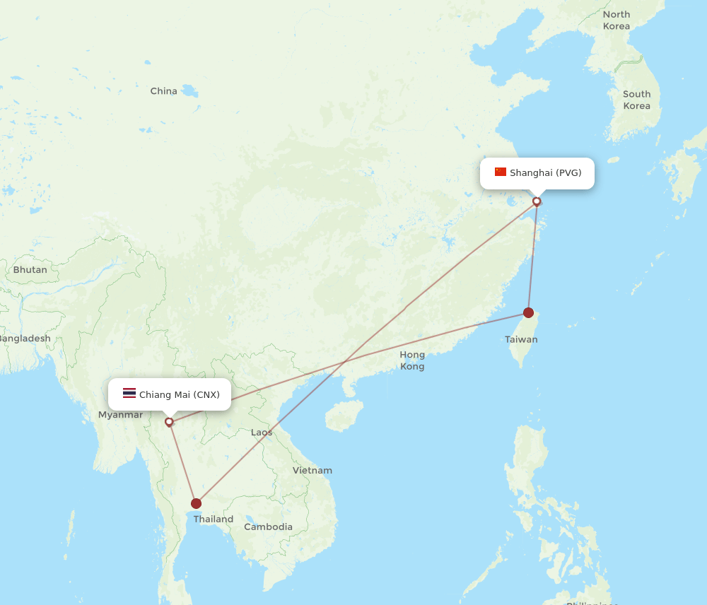 Shanghai - Chiang Mai route map and flight paths