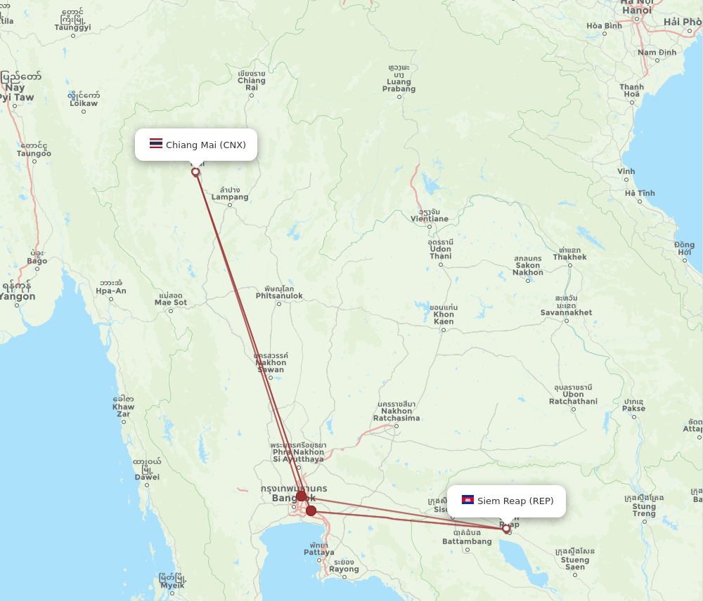 Chiang Mai - Siem Reap route map and flight paths