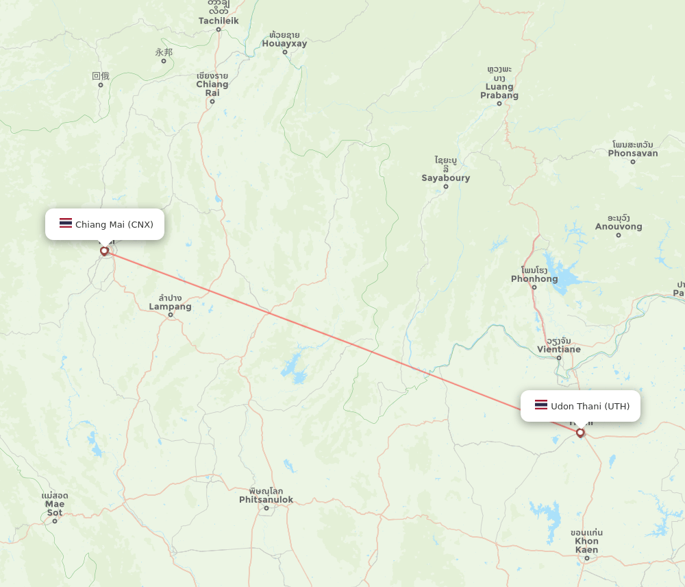 Chiang Mai - Udon Thani route map and flight paths
