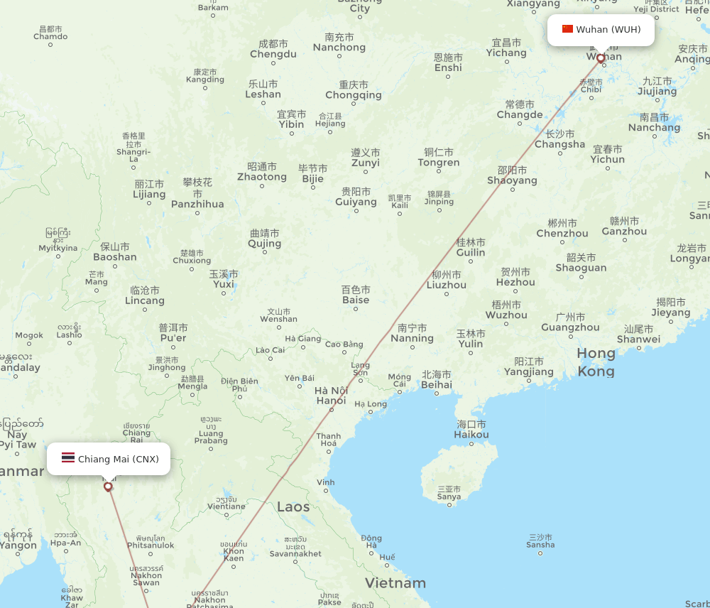 Wuhan - Chiang Mai route map and flight paths