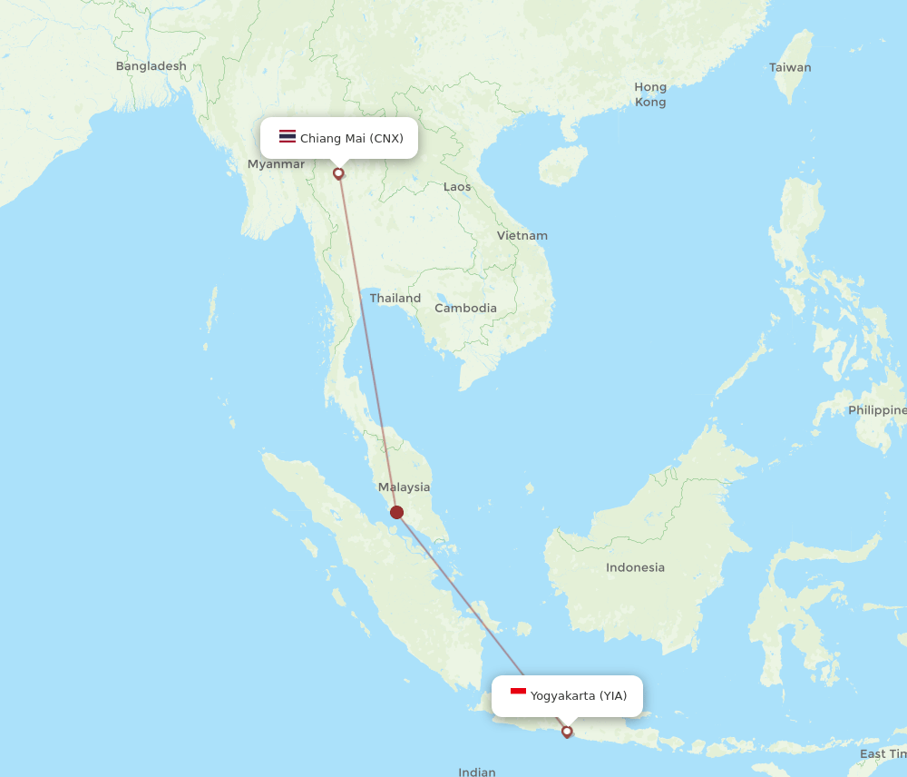 Yogyakarta - Chiang Mai route map and flight paths