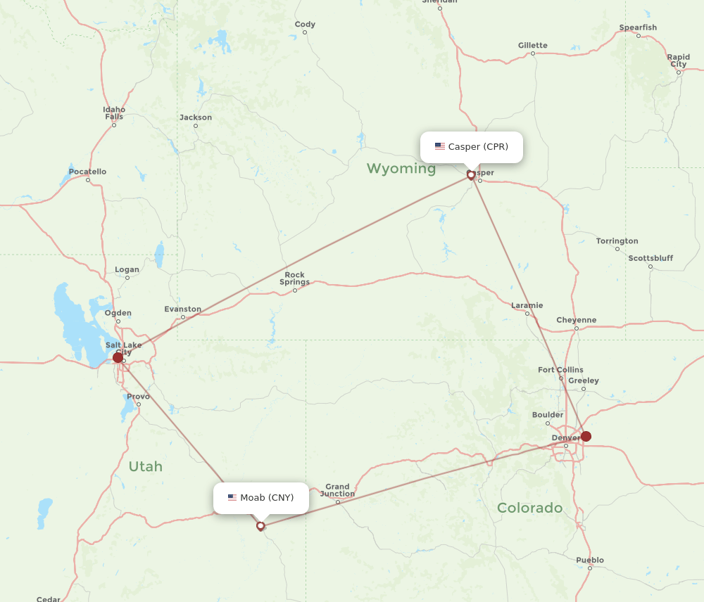 Moab - Casper route map and flight paths