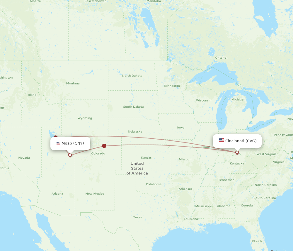 Moab - Cincinnati route map and flight paths