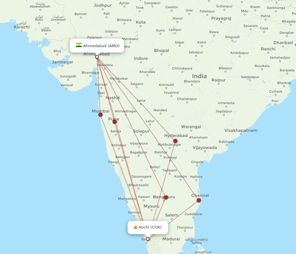 COK to AMD flights and routes map