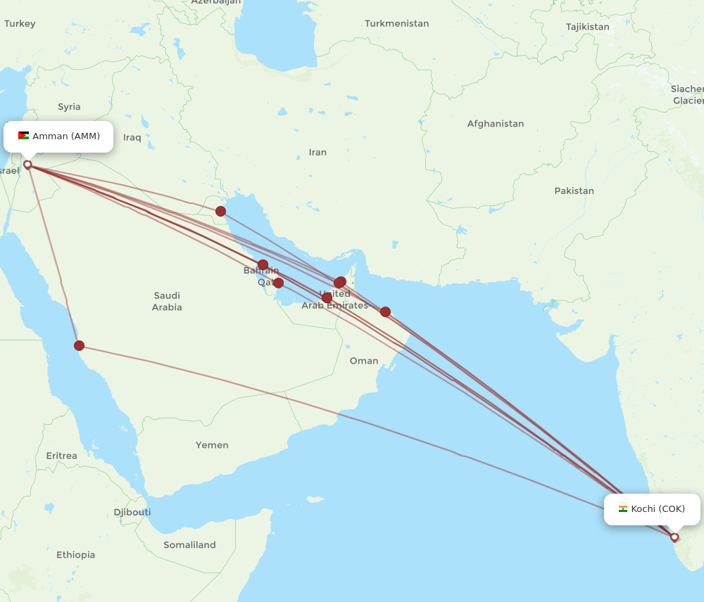 COK to AMM flights and routes map