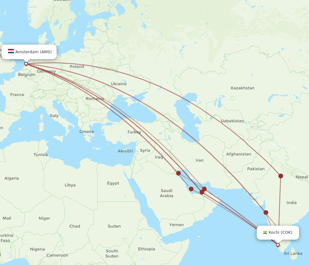 COK-AMS flight routes