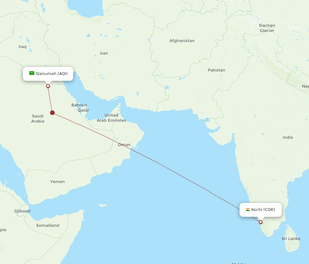 Qaisumah - Kochi route map and flight paths