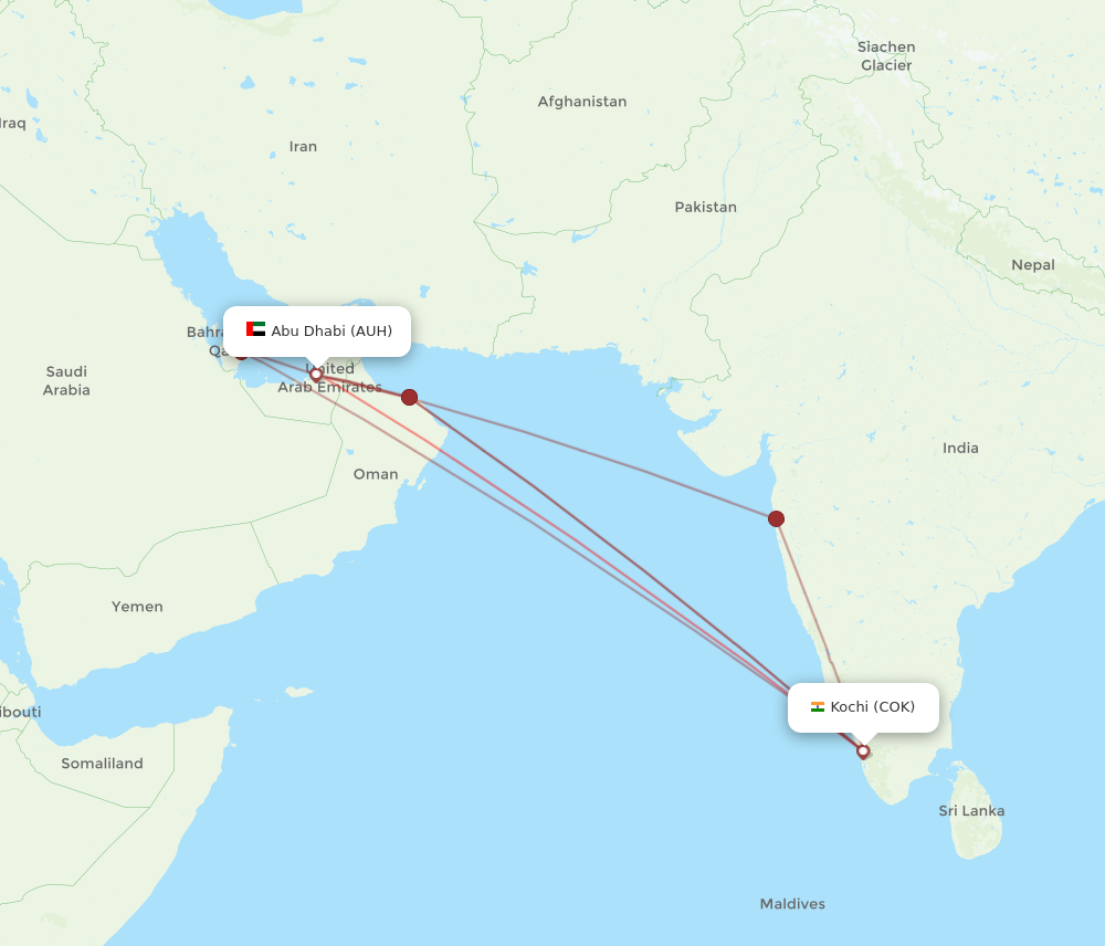 COK to AUH flights and routes map