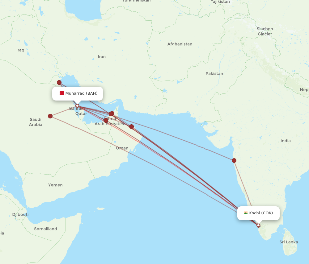 COK to BAH flights and routes map