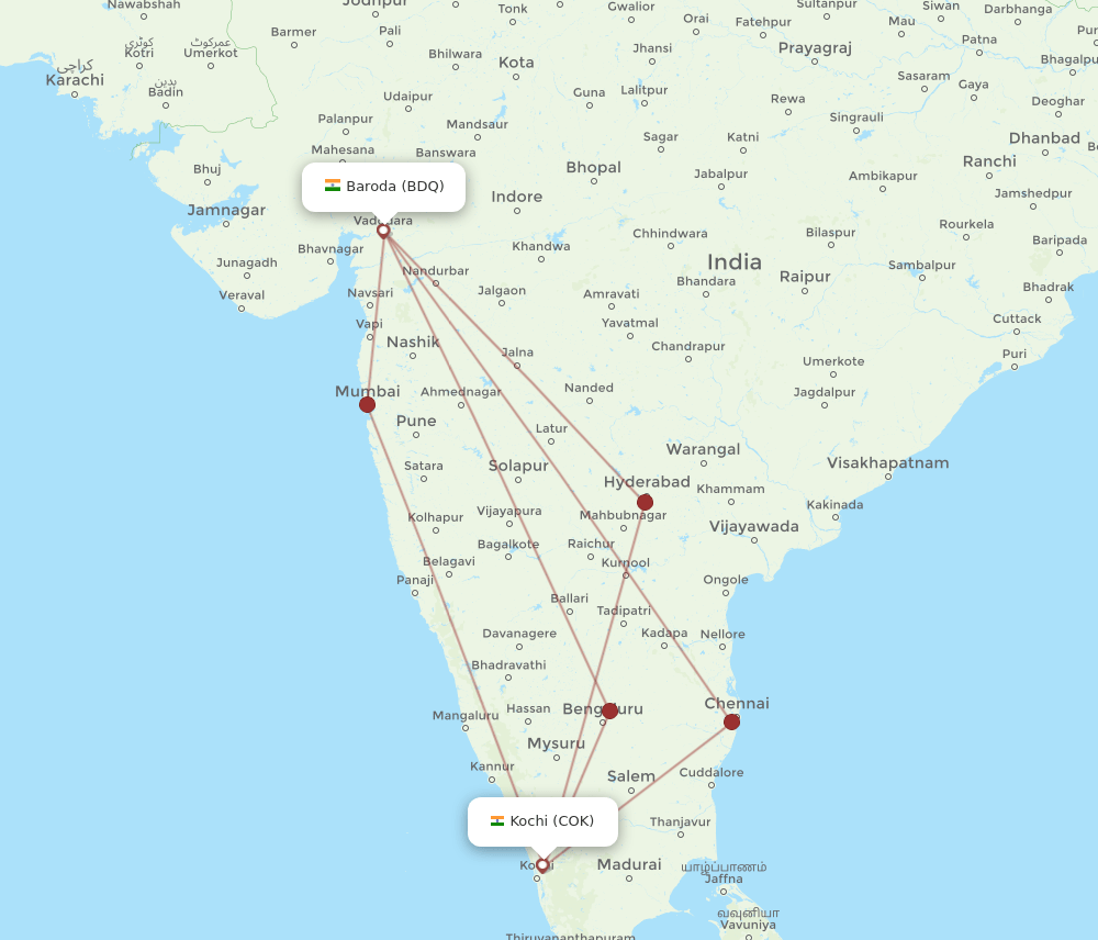 COK to BDQ flights and routes map