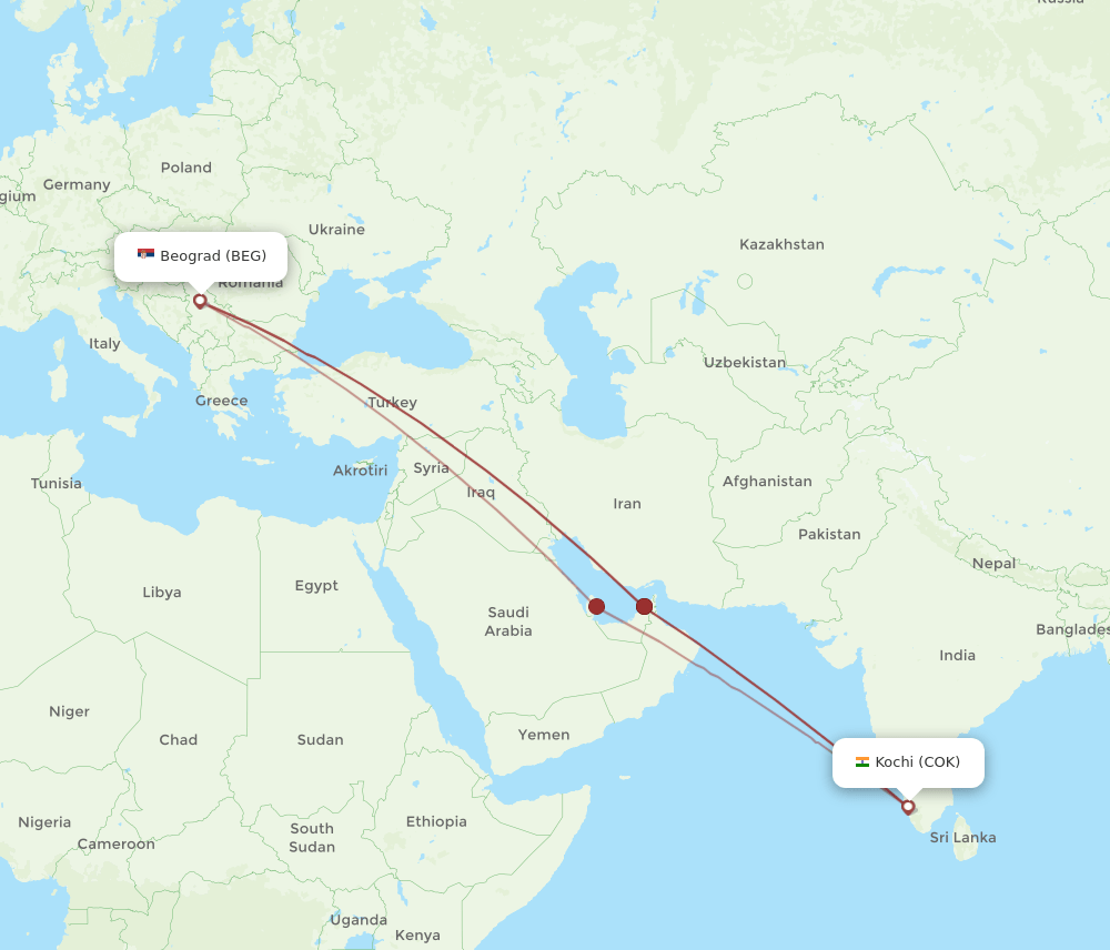 COK to BEG flights and routes map