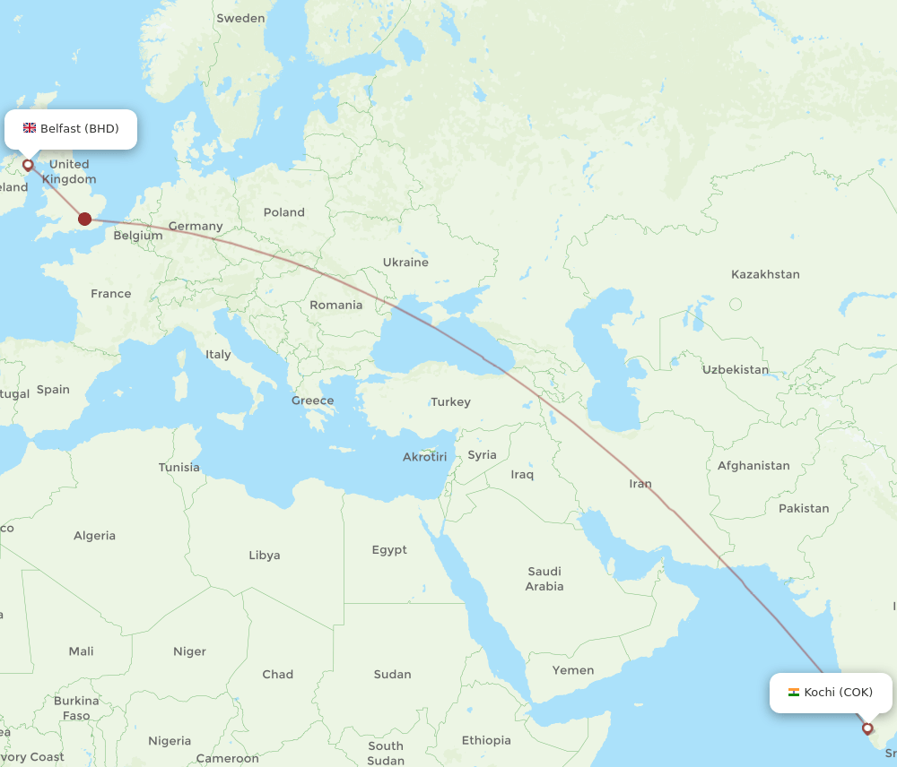 Kochi - Belfast route map and flight paths