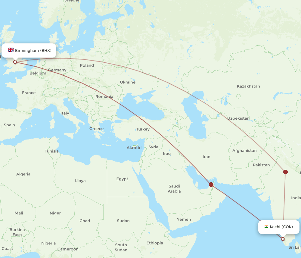 COK-BHX flight routes